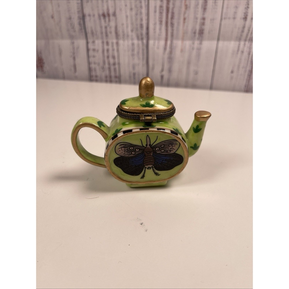 Friendship Teapot Trinket Box Green Hinged Lid Butterfly Ladybug 2008 3"